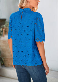 Short Sleeve Eyelet Embroidered Dressy Casual Blouse