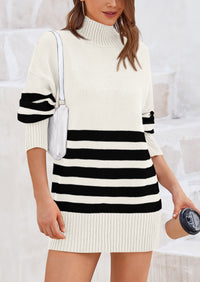 Striped Turtleneck Long Sleeve Loose Fit Chunky Knit Casual Mini Sweater Dresses