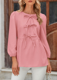 Babydoll Trendy 3/4 Length Puff Sleeve Bow Tie Front Cute Peplum Blouses