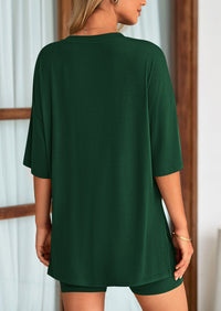 Casual Short Sleeved Round Neck Top Paired With Shorts Two-Piece Set