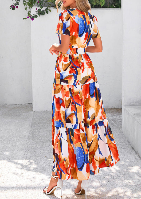 Boho Floral Short Sleeve V Neck A Line Tiered Ruffle Flowy Long Beach Vacation Maxi Dresses