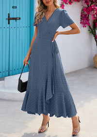 Leisure Bohemian Flower V-Neck Short Sleeved Ruffled Beach Long Skirt