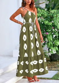 One Shoulder Spaghetti Strap Printed A Line Flowy Boho Maxi Long Sundress