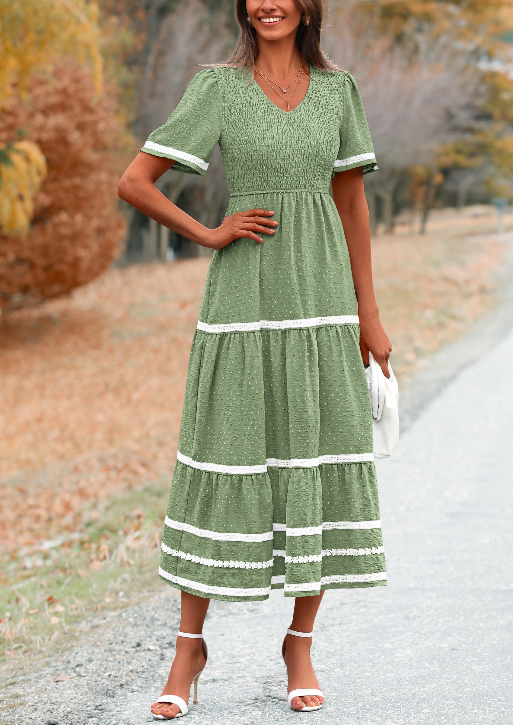PRETTYGARDEN Women's Casual Summer Maxi Dress Short Sleeve Swiss Dot V Neck Smocked Long Flowy Beach Dresses