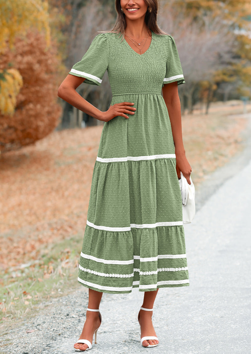 PRETTYGARDEN Women's Casual Summer Maxi Dress Short Sleeve Swiss Dot V Neck Smocked Long Flowy Beach Dresses