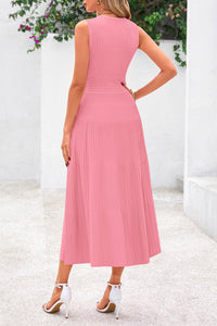 Sleeveless Crew Neck Knit A Line Pleated Swing Wedding Guest Casual Midi Dresses