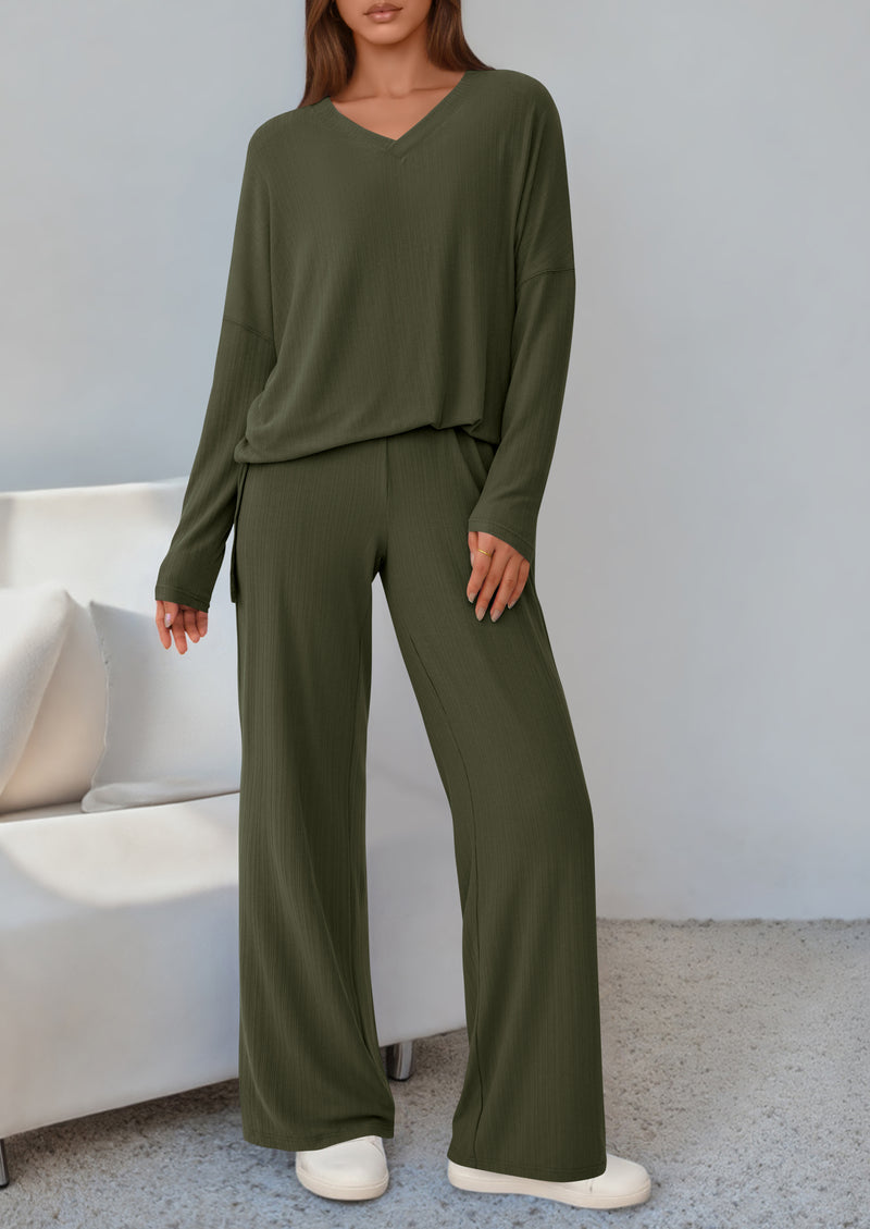 PRETTYGARDEN 2 Piece Lounge Sets for Women Fall Outfits Casual Loose Long Sleeve Tops Wide Leg Pants Matching Pajama Set