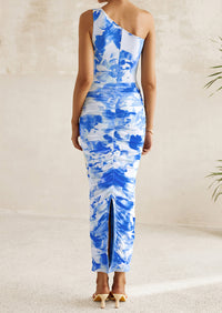 One Shoulder Bodycon Printed Ruched Mesh Party Cocktail Fitted Long Dress