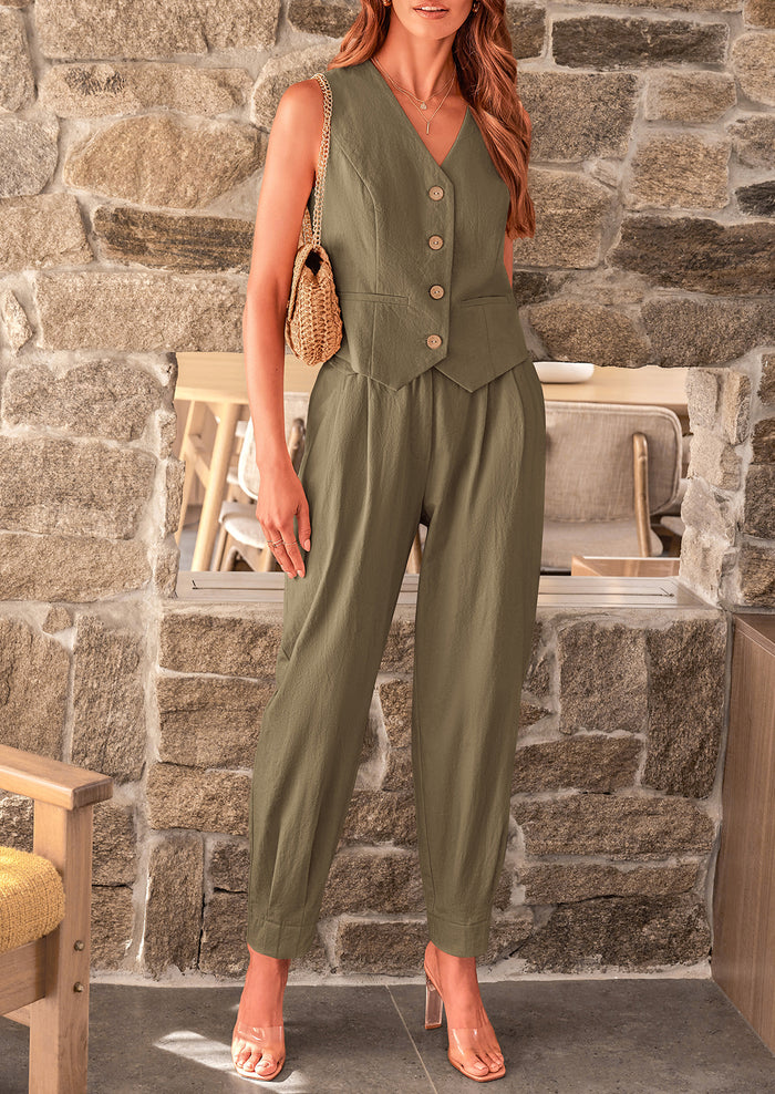 Cotton Deep V Neck Button Front Cropped Vest Pants With Pockets Two Piece Sets