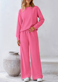 Casual Long Sleeve Pullover Tops and Wide Leg Pants Knitted Two Piece Sets