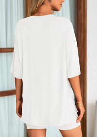 Casual Short Sleeved Round Neck Top Paired With Shorts Two-Piece Set