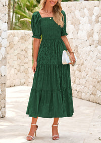 Casual Square Neck Short Sleeve Smocked A Line Floral Flowy Elegant Boho Midi Dresses