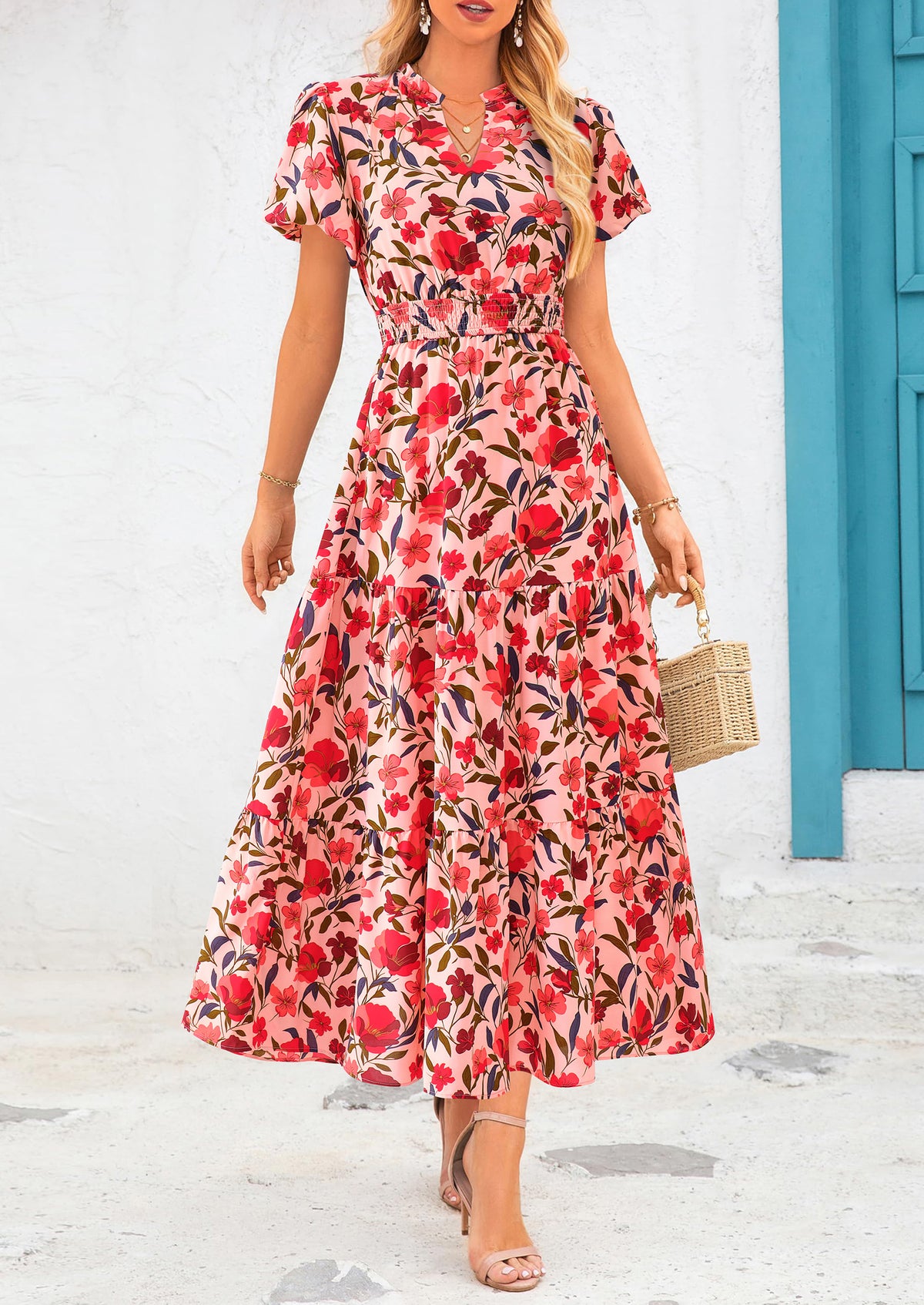Casual V-neck short sleeved Bohemian Maxi dress