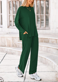 Long Sleeve High Low Tops T-Shirts Wide Leg Pants Two Piece Sets