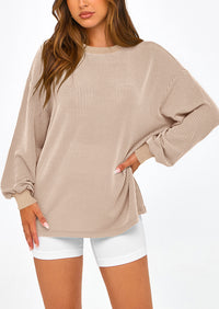 Long Sleeve Casual Loose Crew Neck Ribbed Blouse