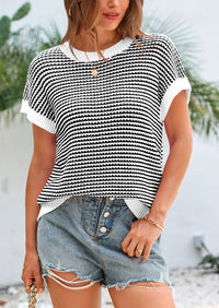 Short Sleeve Round Neck Striped Pullover Cap Sleeve Knit T-shirt