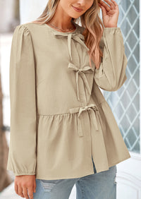 PRETTYGARDEN Women's Spring Fall Babydoll Peplum Blouse Shirt Puff Long Sleeve Bow Tie Front Trendy Cute Y2K Going Out Tops