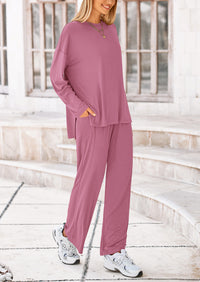 Long Sleeve High Low Tops T-Shirts Wide Leg Pants Two Piece Sets