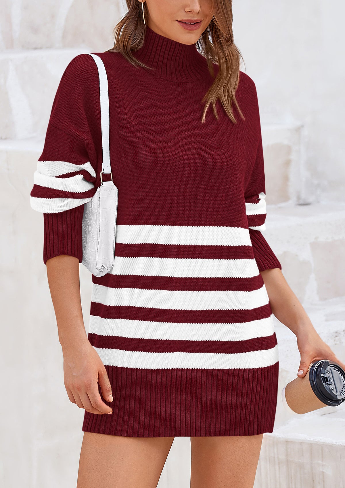 Striped Turtleneck Long Sleeve Loose Fit Chunky Knit Casual Mini Sweater Dresses