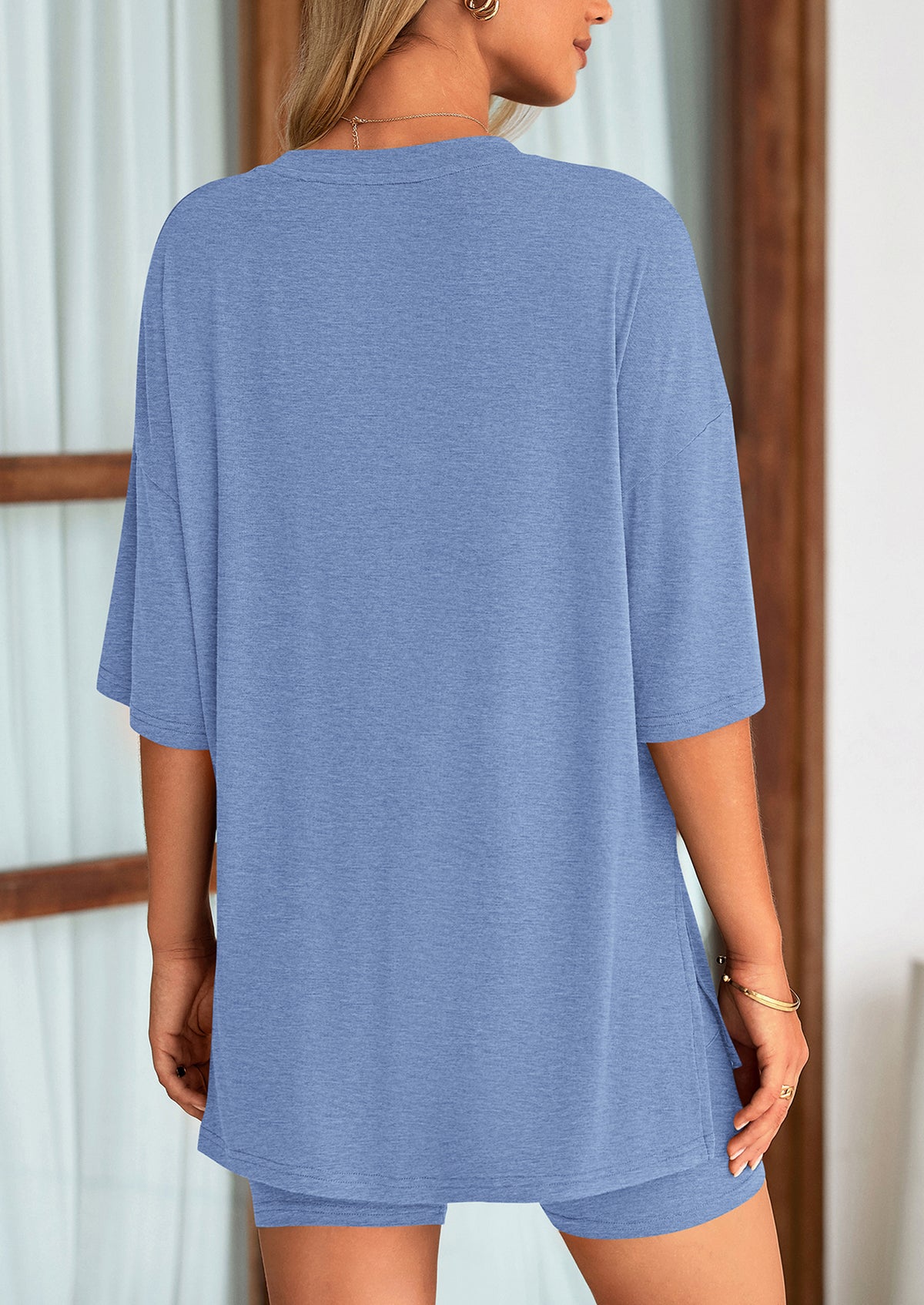 Casual Short Sleeved Round Neck Top Paired With Shorts Two-Piece Set