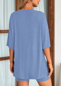 Casual Short Sleeved Round Neck Top Paired With Shorts Two-Piece Set