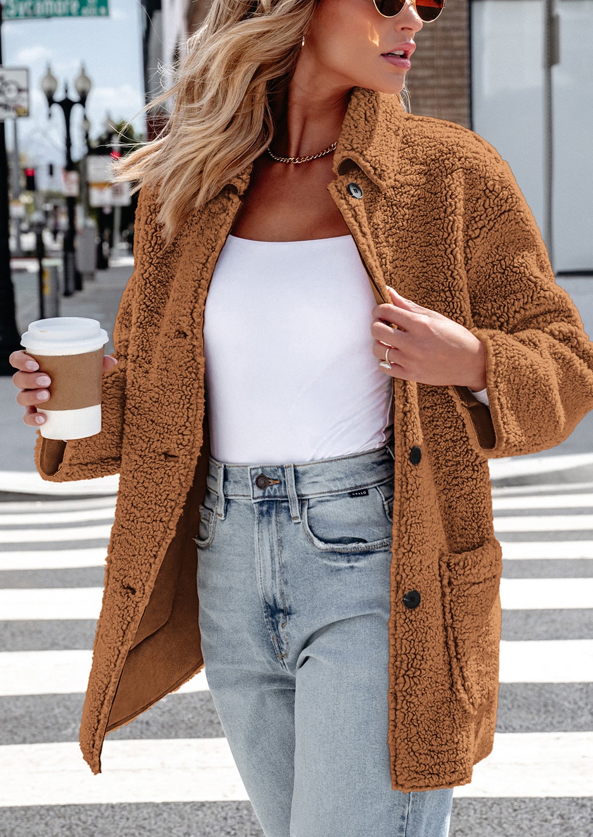 Long Sleeve Lapel Button Down Pockets Fleece Faux Fur Coats