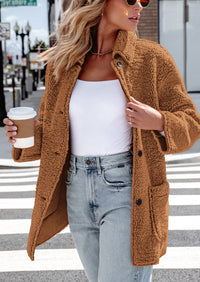 Long Sleeve Lapel Button Down Pockets Fleece Faux Fur Coats