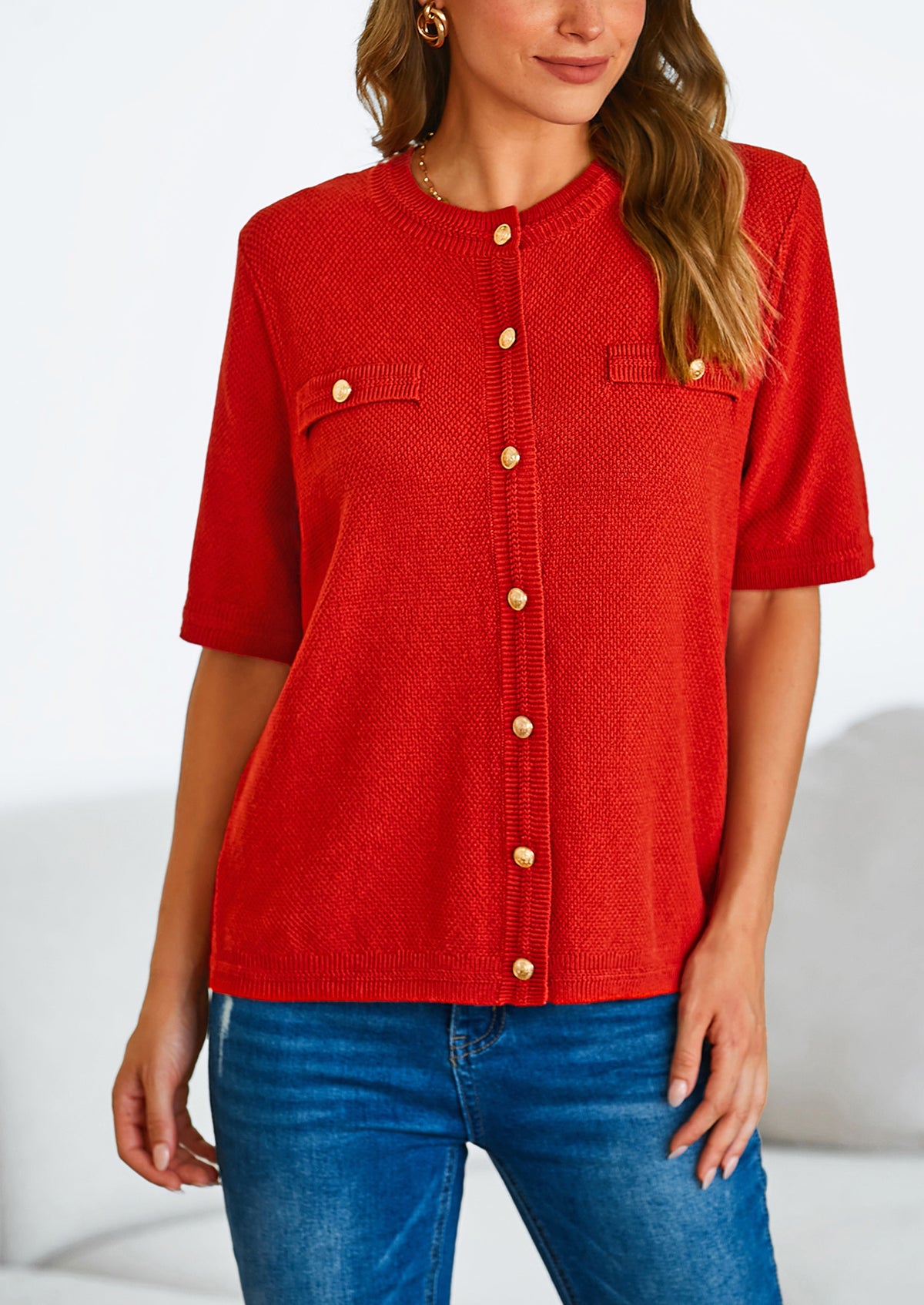 Button Down Casual Short Sleeve Crew Neck Ribbed Knit Shirts