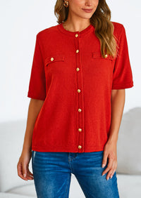 Button Down Casual Short Sleeve Crew Neck Ribbed Knit Shirts