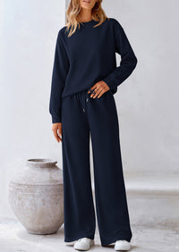 Casual Long Sleeve Pullover Tops and Wide Leg Pants Knitted Two Piece Sets