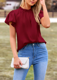 Satin Dressy Casual Ruffle Short Sleeve Crew Neck Work Party Blouses