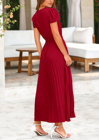 Casual Button V Neck Ruffle Cap Sleeve Long Flowy Pleated Maxi Dresses