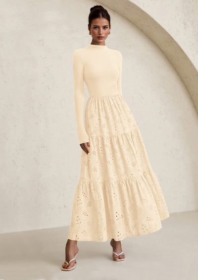 PRETTYGARDEN Long Sleeve Dress for Women Fall Eyelet Mock Neck A Line Elegant Classy Maxi Wedding Guest Dresses Pockets