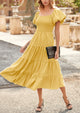 Casual Short Sleeved Square Neck Layered Pleated Dress