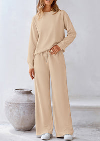 Casual Long Sleeve Pullover Tops and Wide Leg Pants Knitted Two Piece Sets