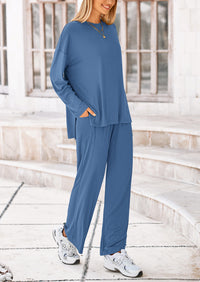 Long Sleeve High Low Tops T-Shirts Wide Leg Pants Two Piece Sets