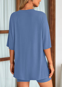Casual Short Sleeved Round Neck Top Paired With Shorts Two-Piece Set