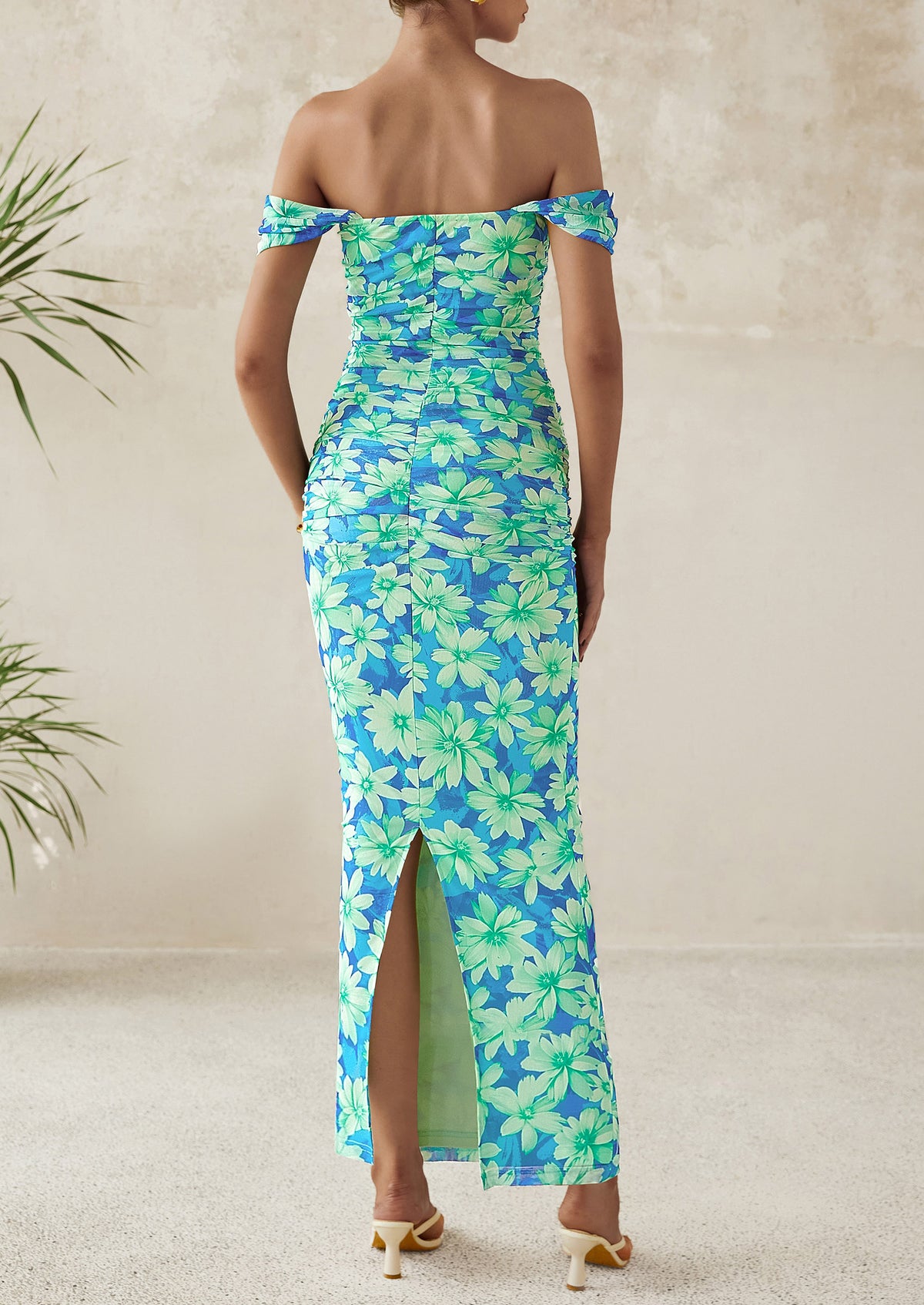 Ruched Bodycon Off Shoulder Floral Mesh Cocktail Party Fitted Maxi Dress