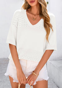 Short Sleeved Casual V-Neck Knitted Small Eye Shirt