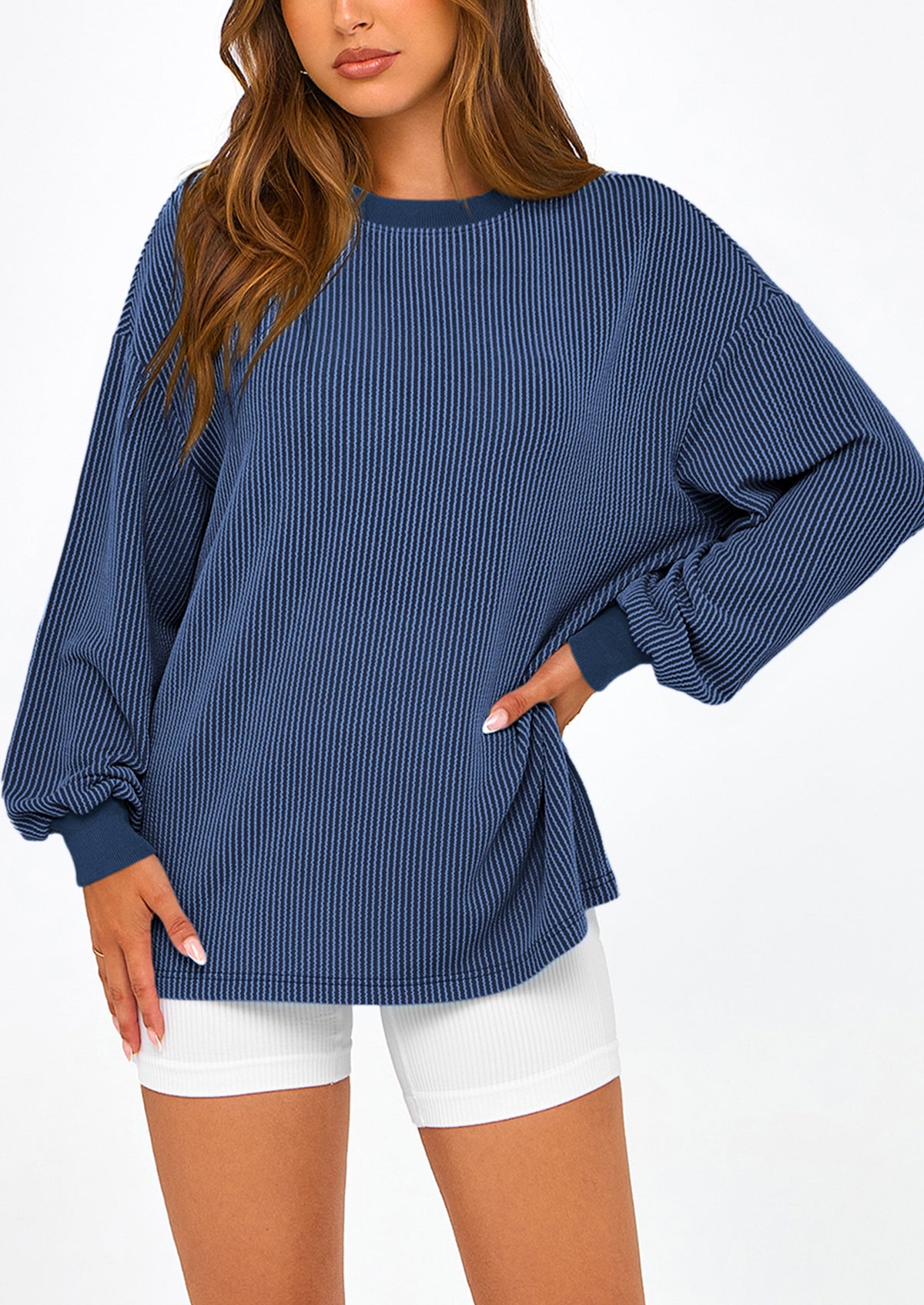 Long Sleeve Casual Loose Crew Neck Ribbed Blouse