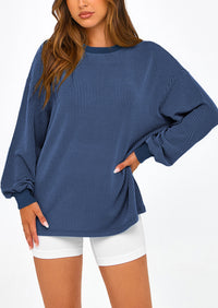 Long Sleeve Casual Loose Crew Neck Ribbed Blouse