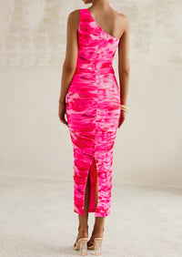 One Shoulder Bodycon Printed Ruched Mesh Party Cocktail Fitted Long Dress