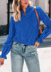 Puff Long Sleeve Button V Neck Hollow Out Lace Embroidered Casual Pullover Blouses