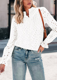 Puff Long Sleeve Button V Neck Hollow Out Lace Embroidered Casual Pullover Blouses