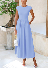 Casual Cap Sleeve Patchwork A Line Flowy Elegant Homecoming Maxi Dress