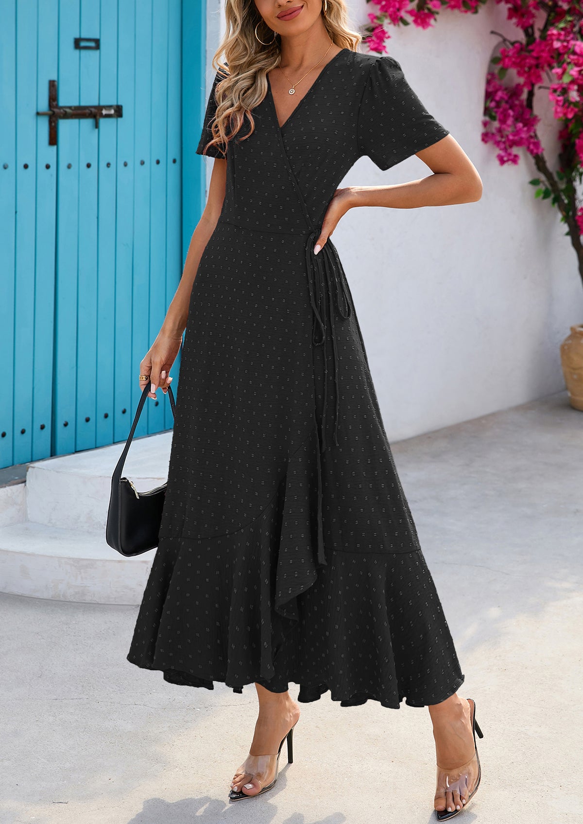 Leisure Bohemian Flower V-Neck Short Sleeved Ruffled Beach Long Skirt