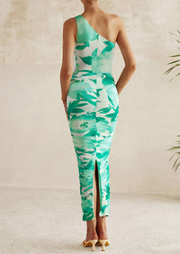 One Shoulder Bodycon Printed Ruched Mesh Party Cocktail Fitted Long Dress