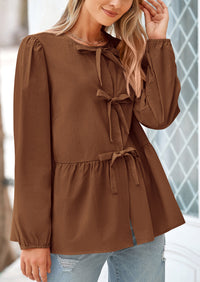 Babydoll Peplum Puff Long Sleeve Bow Tie Front Y2K Blouses
