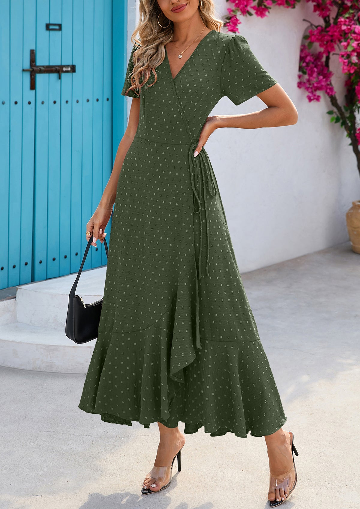 Leisure Bohemian Flower V-Neck Short Sleeved Ruffled Beach Long Skirt