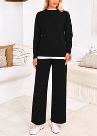 PRETTYGARDEN Two Piece Matching Sweater Lounge Sets Knit Long Sleeve Pullover Tops Wide Leg Pants